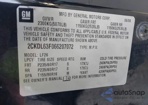 2006 Pontiac Torrent из США, поврежденный, VIN 2CKDL63F066207072